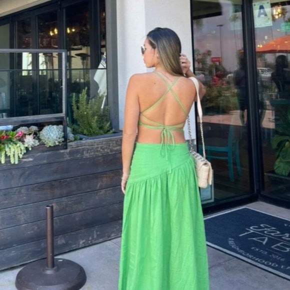 Asymmetrical Green Dress Cut Out Ruched Maxi Lace Up Back - Picture 11 of 15